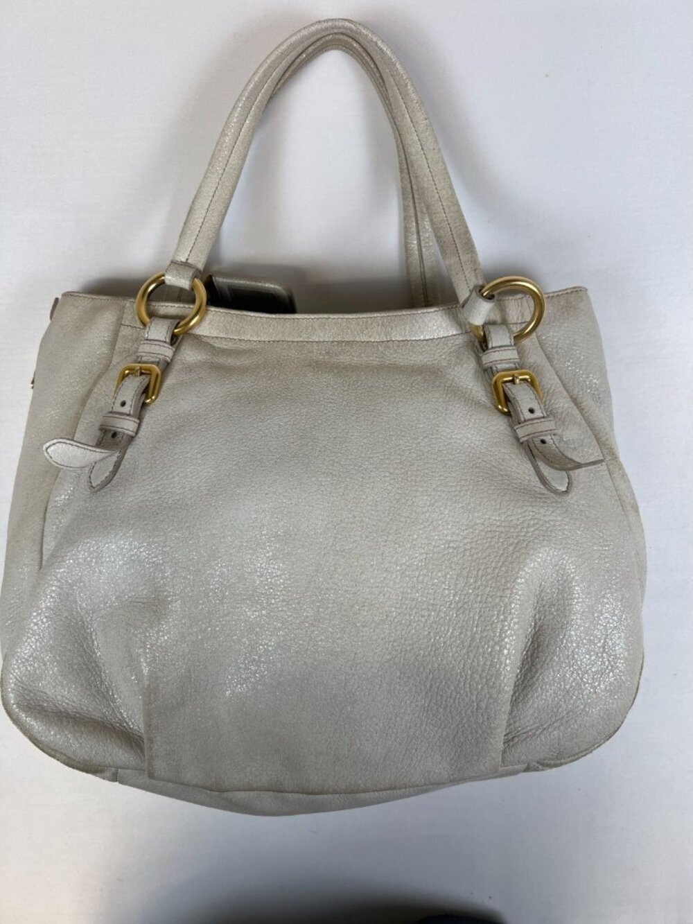 Prada Women White Vitello Daino Pebbled Leather Tote Bag Gold Hardware Large - Picture 9 of 16